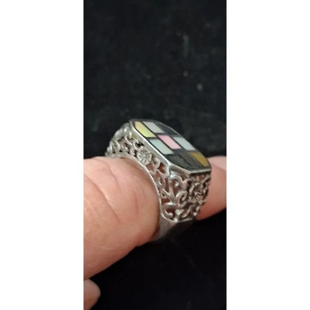 Sterling silver mosaic Abalone inlay Statement ring Size 7/ 1960s
